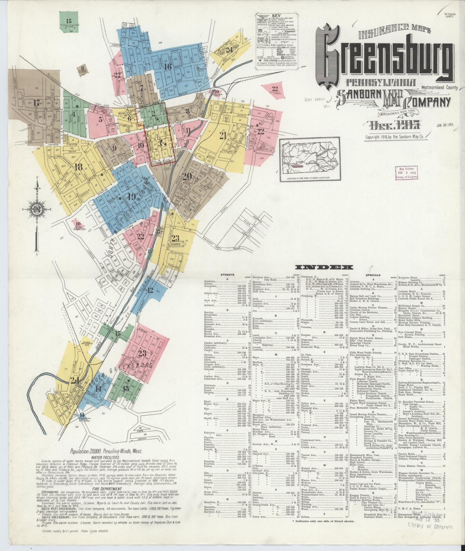 Sanborn Fire Insurance Map from Greensburg, Westmoreland County, Pennsylvania (1915), Sheet #0001 - Historic Sanborn Fire Insurance Map Print, vintage old map wall art, antique decor, genealogy gift, Pennsylvania Pennsylvania map