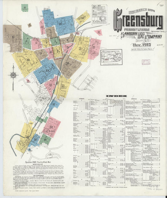 Sanborn Fire Insurance Map from Greensburg, Westmoreland County, Pennsylvania (1915), Sheet #0001 - Historic Sanborn Fire Insurance Map Print, vintage old map wall art, antique decor, genealogy gift, Pennsylvania Pennsylvania map