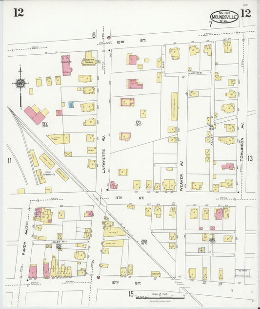 Sanborn Fire Insurance Map from Moundsville, Marshall County, West Virginia (1923), Sheet #0012 - Historic Sanborn Fire Insurance Map Print, vintage old map wall art, antique decor, genealogy gift, West Virginia West Virginia map
