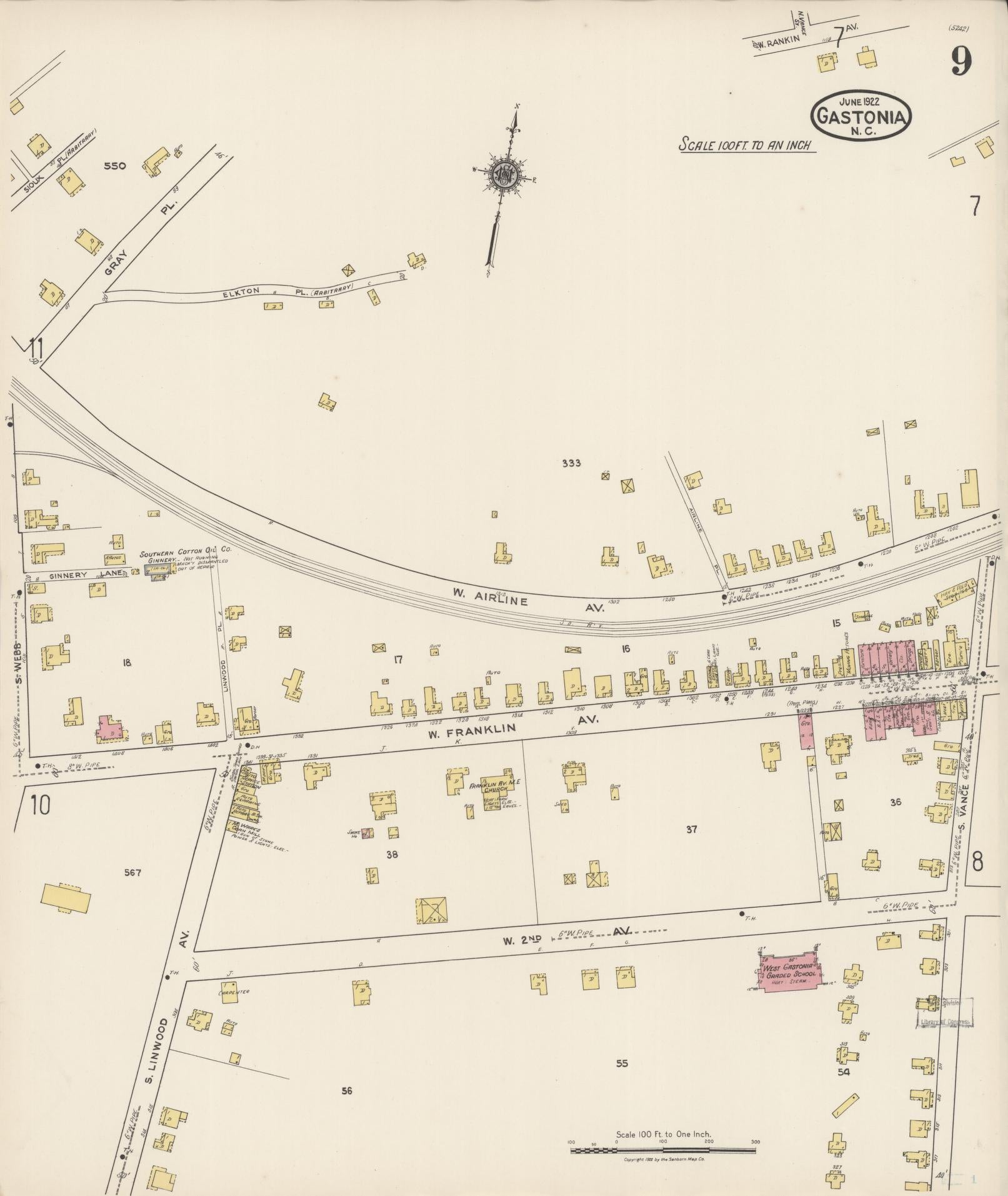 Sanborn Fire Insurance Map from Gastonia, Gaston County, North Carolina (1922), Sheet #0009 - Complete Map Set gallery image, historic Sanborn map, vintage wall art, North Carolina North Carolina