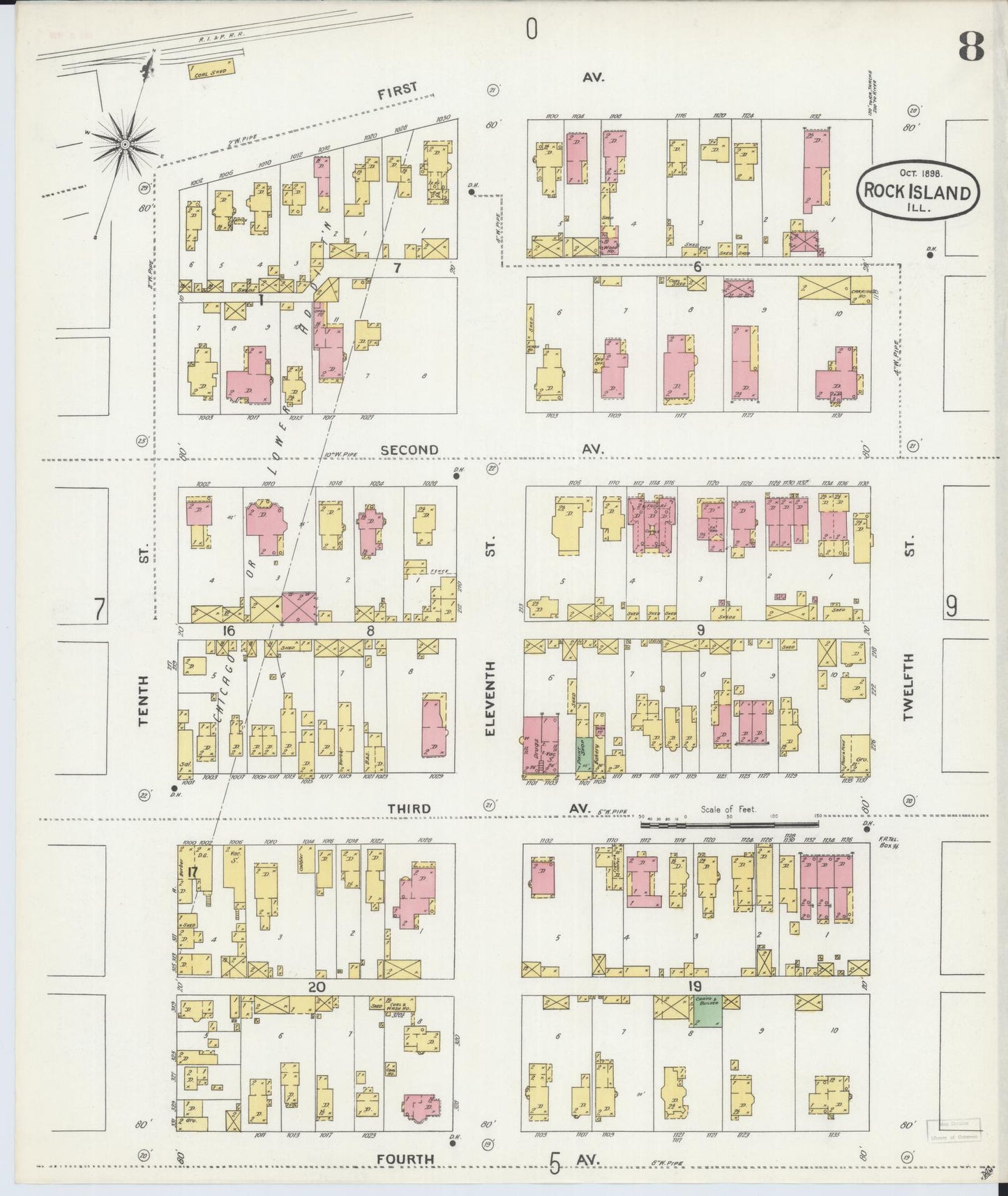 Sanborn Fire Insurance Map from Rock Island, Rock Island County, Illinois (1898), Sheet #0008 - Historic Sanborn Fire Insurance Map Print, vintage old map wall art, antique decor, genealogy gift, Illinois Illinois map