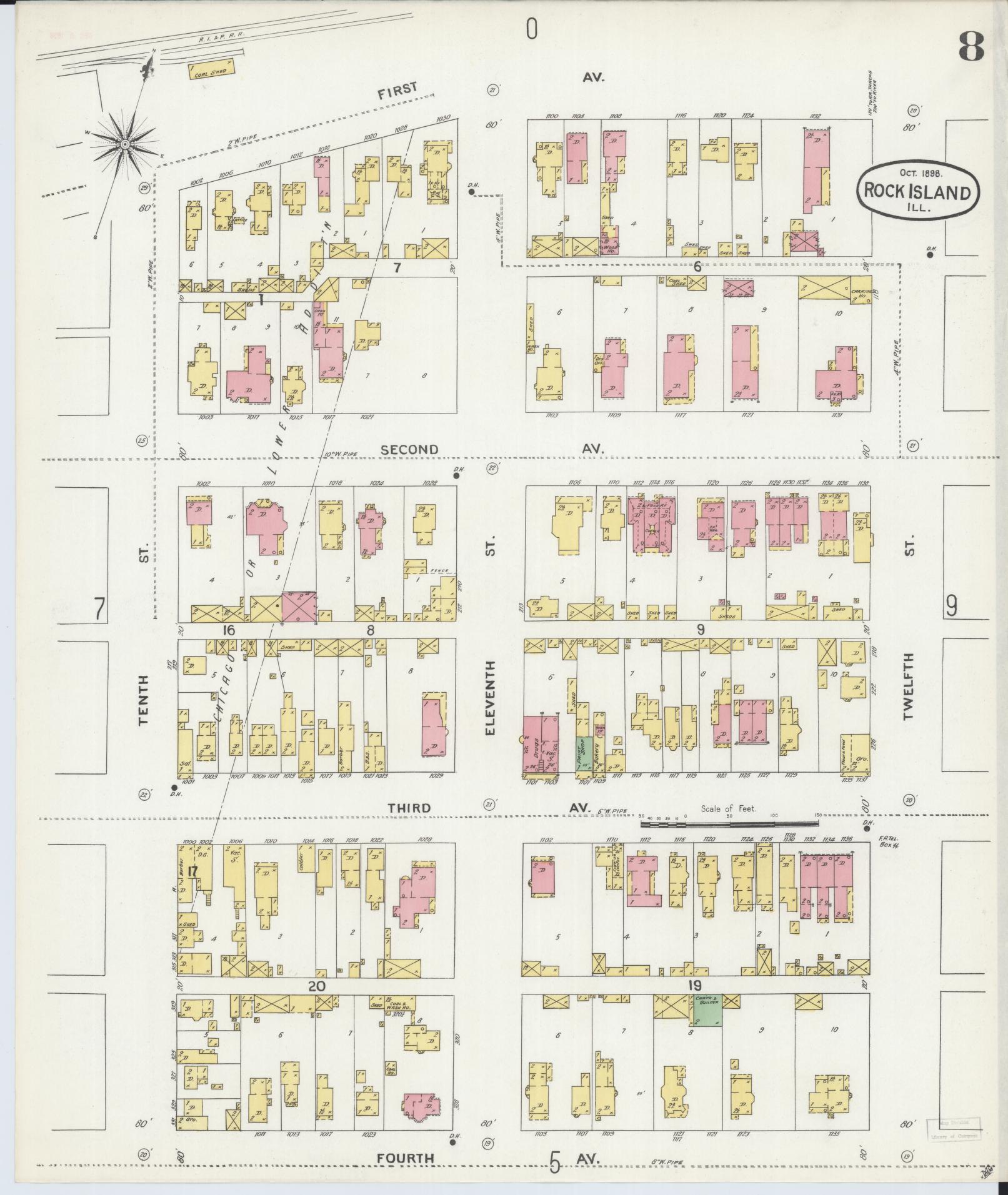 Sanborn Fire Insurance Map from Rock Island, Rock Island County, Illinois (1898), Sheet #0008 - Historic Sanborn Fire Insurance Map Print, vintage old map wall art, antique decor, genealogy gift, Illinois Illinois map
