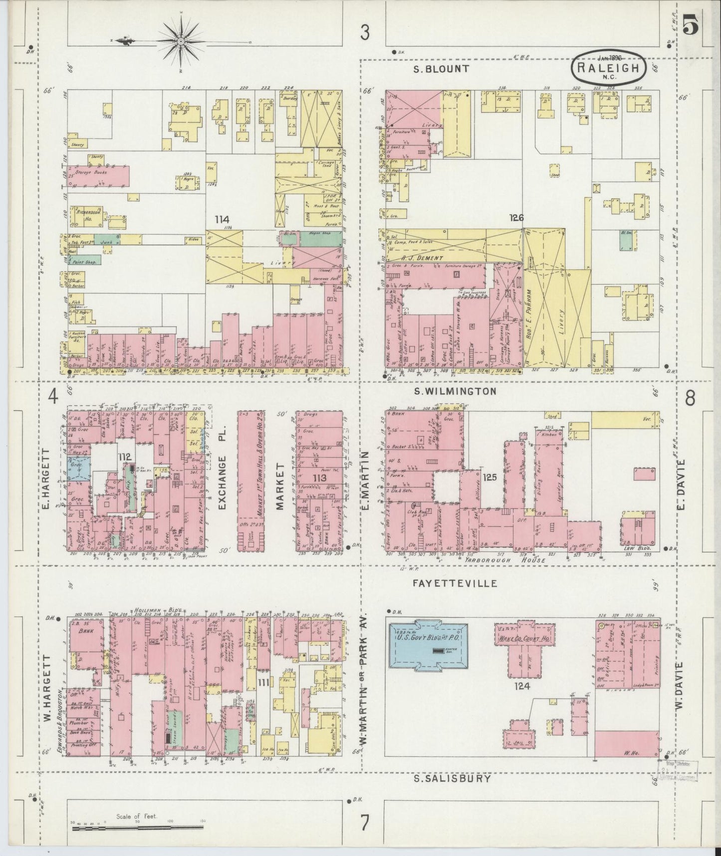 Sanborn Fire Insurance Map from Raleigh, Wake County, North Carolina (1896), Sheet #0005 - Complete Map Set gallery image, historic Sanborn map, vintage wall art, North Carolina North Carolina