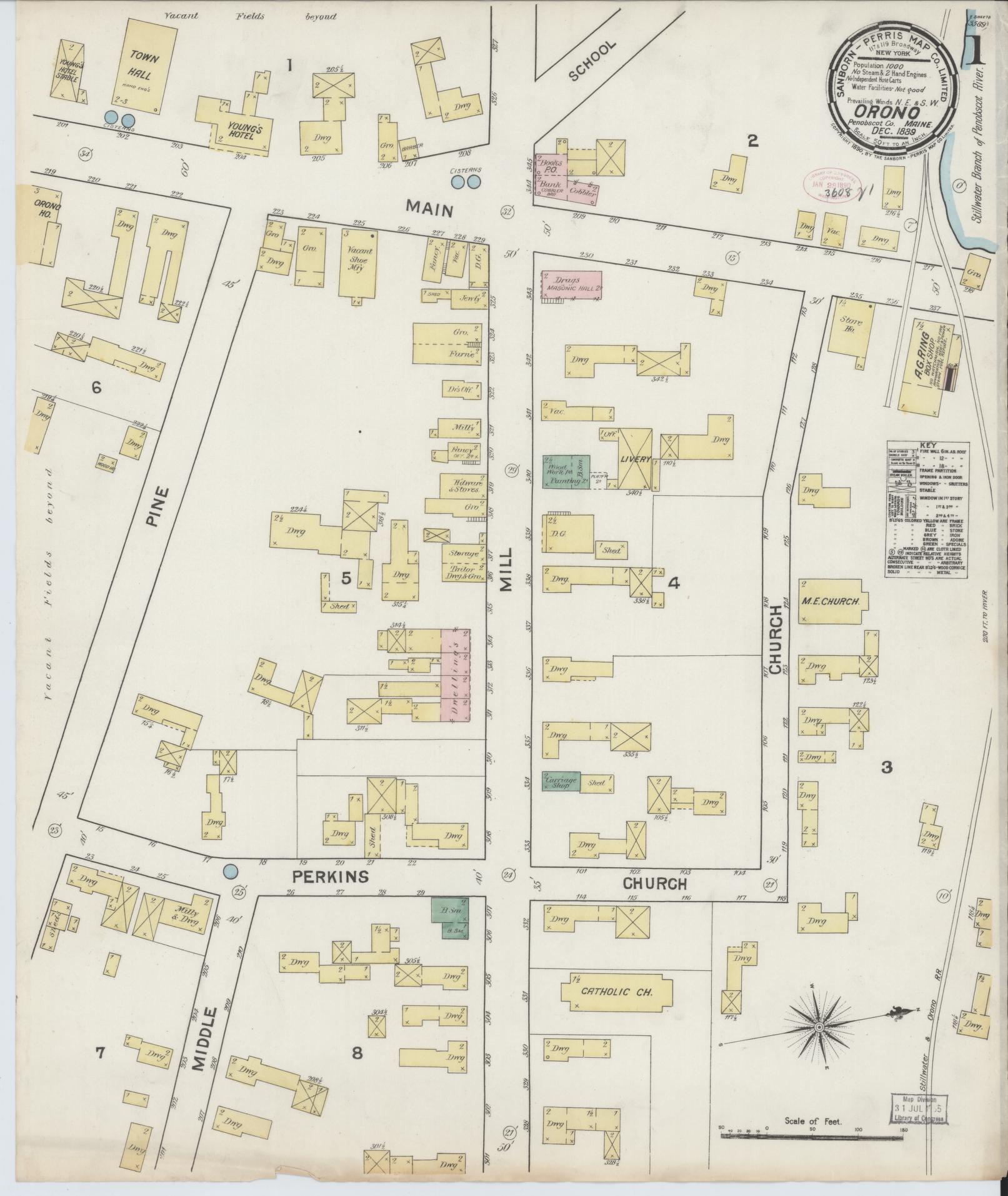 Sanborn Fire Insurance Map from Orono, Penobscot County, Maine (1889), Sheet #0001 - Complete Map Set gallery image, historic Sanborn map, vintage wall art, Maine Maine