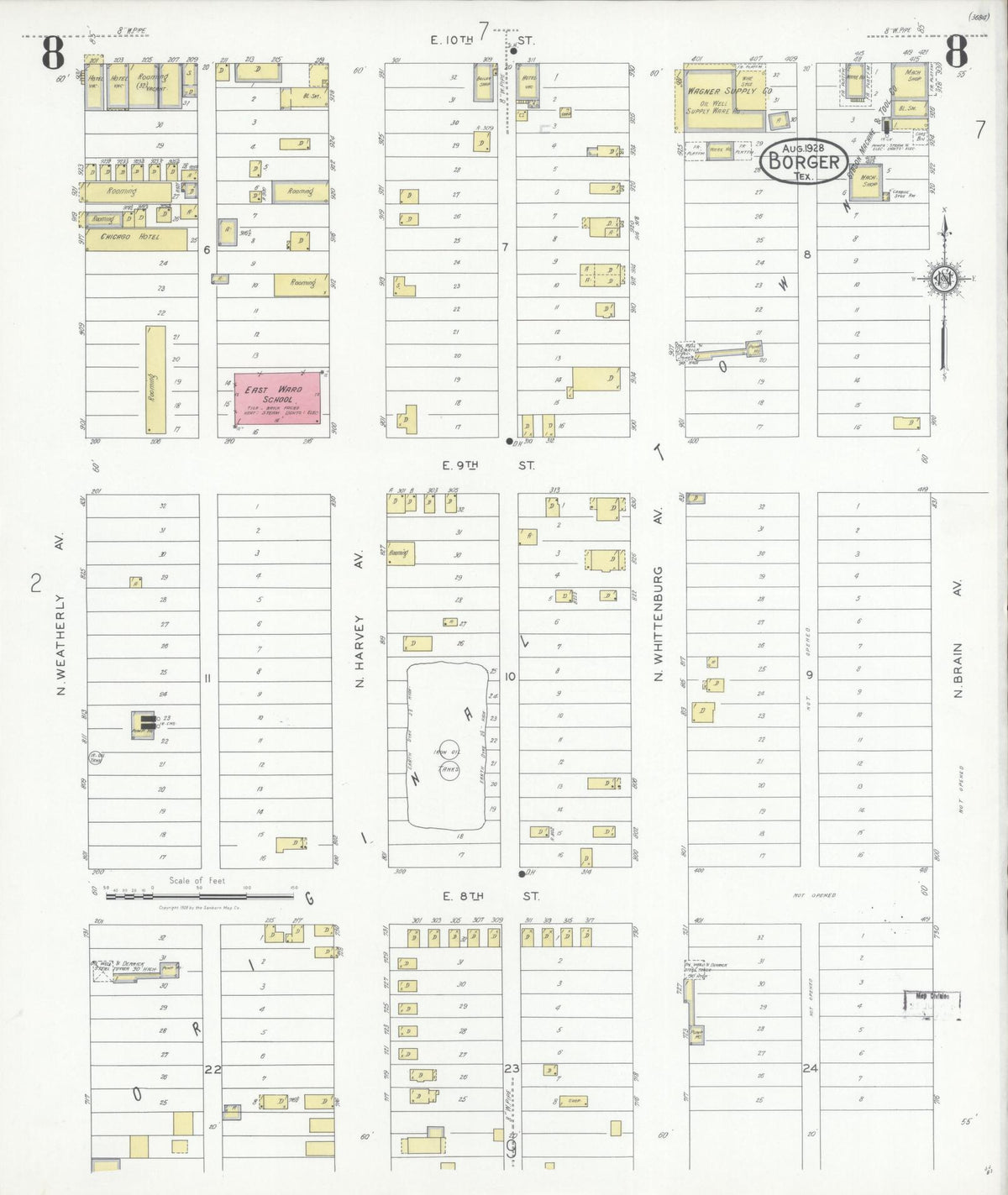 Sanborn Fire Insurance Map from Borger, Hutchinson County, Texas (1928), Sheet #0008 - Complete Map Set gallery image, historic Sanborn map, vintage wall art, Texas Texas