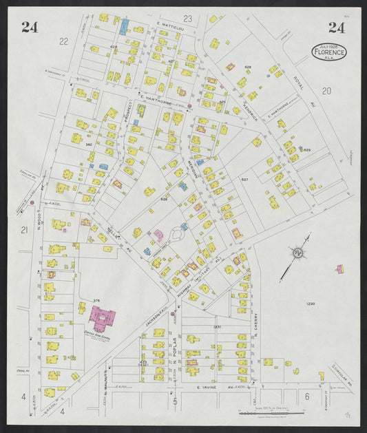 Sanborn Fire Insurance Map from Florence, Lauderdale County, Alabama (1928), Sheet #0024 - Historic Sanborn Fire Insurance Map Print, vintage old map wall art, antique decor, genealogy gift, Alabama Alabama map