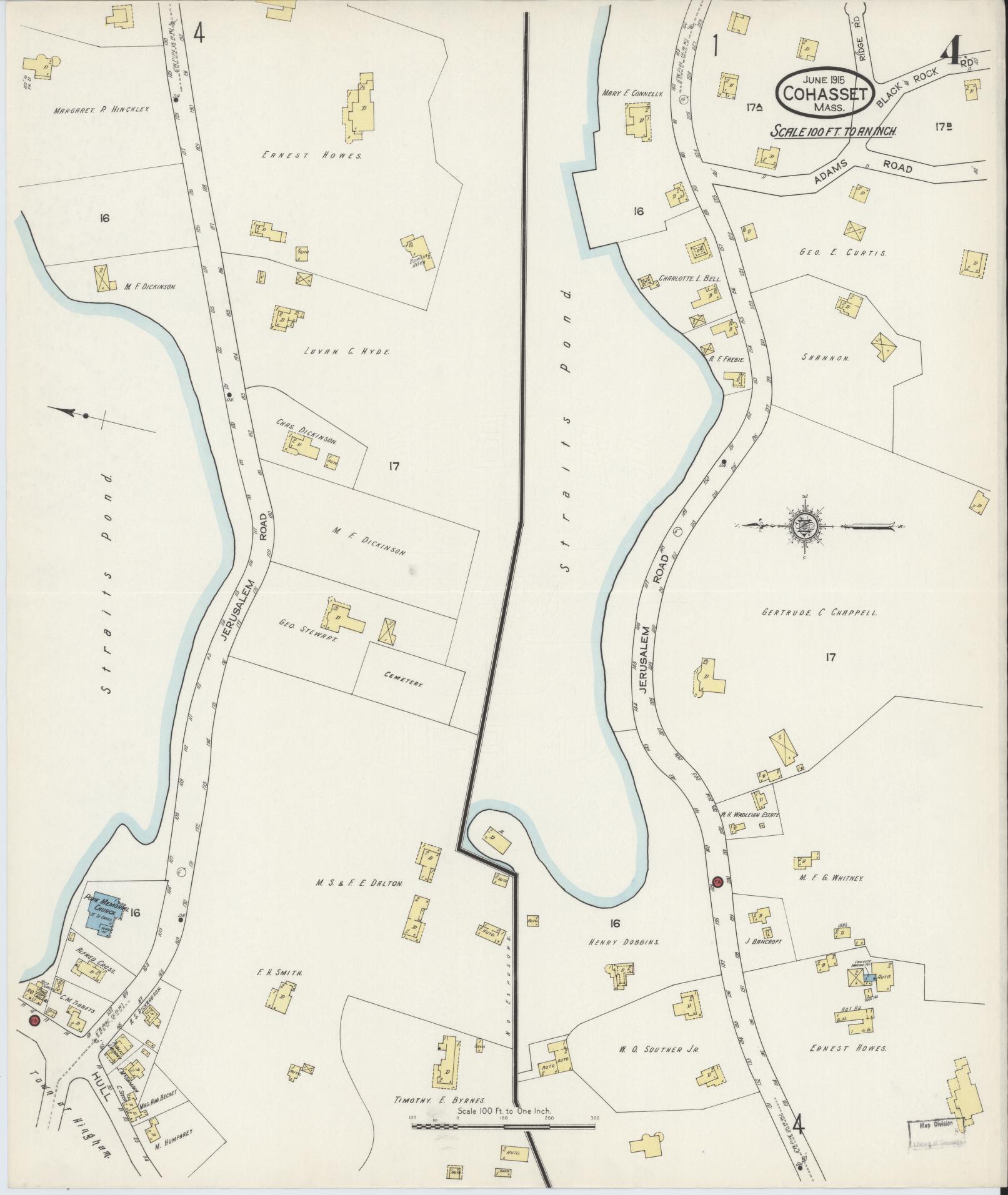Sanborn Fire Insurance Map from Cohasset, Norfolk County, Massachusetts (1915), Sheet #0004 - Historic Sanborn Fire Insurance Map Print, vintage old map wall art, antique decor, genealogy gift, Massachusetts Massachusetts map