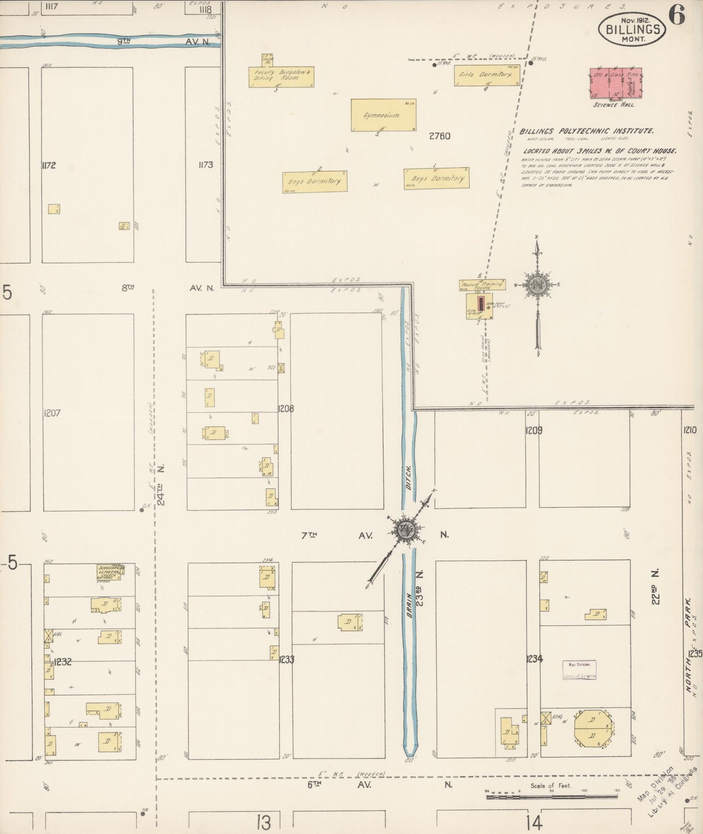 Sanborn Fire Insurance Map from Billings, Yellowstone County, Montana (1912), Sheet #0006 - Historic Sanborn Fire Insurance Map Print, vintage old map wall art, antique decor, genealogy gift, Montana Montana map