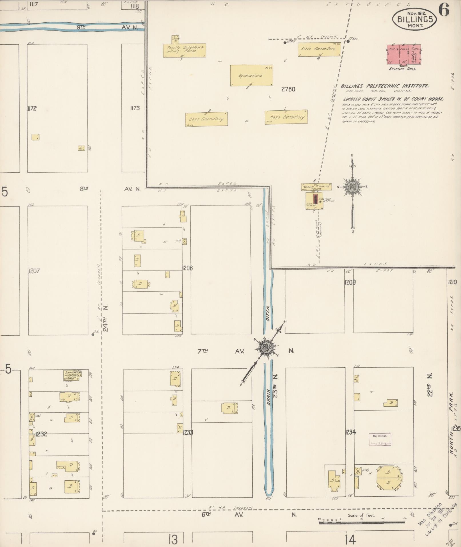 Sanborn Fire Insurance Map from Billings, Yellowstone County, Montana (1912), Sheet #0006 - Historic Sanborn Fire Insurance Map Print, vintage old map wall art, antique decor, genealogy gift, Montana Montana map