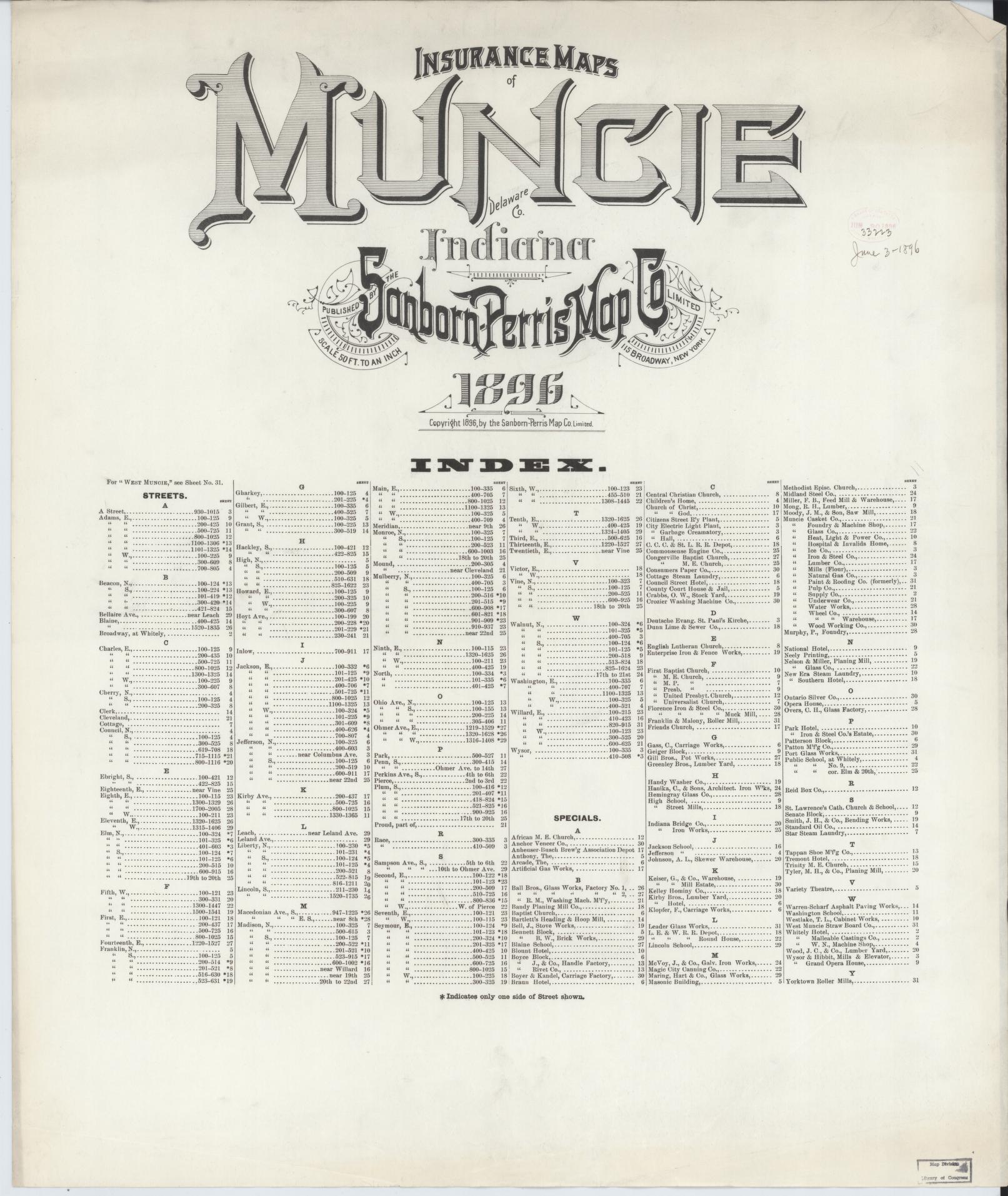 Sanborn Fire Insurance Map from Muncie, Delaware County, Indiana (1896), Sheet #0001 - Historic Sanborn Fire Insurance Map Print, vintage old map wall art, antique decor, genealogy gift, Muncie Delaware map