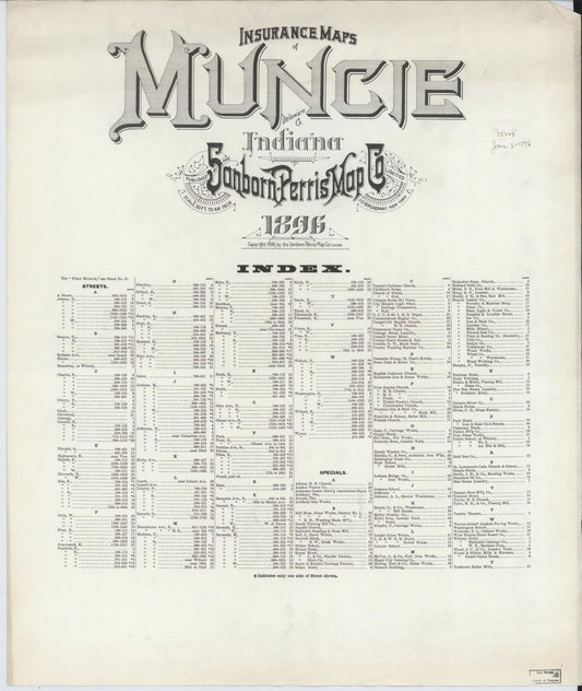 Sanborn Fire Insurance Map from Muncie, Delaware County, Indiana (1896), Sheet #0001 - Historic Sanborn Fire Insurance Map Print, vintage old map wall art, antique decor, genealogy gift, Muncie Delaware map