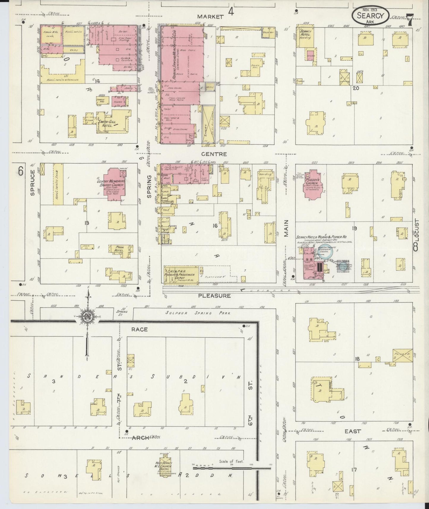Sanborn Fire Insurance Map from Searcy, White County, Arkansas (1913), Sheet #0007 - Historic Sanborn Fire Insurance Map Print, vintage old map wall art, antique decor, genealogy gift, Arkansas Arkansas map