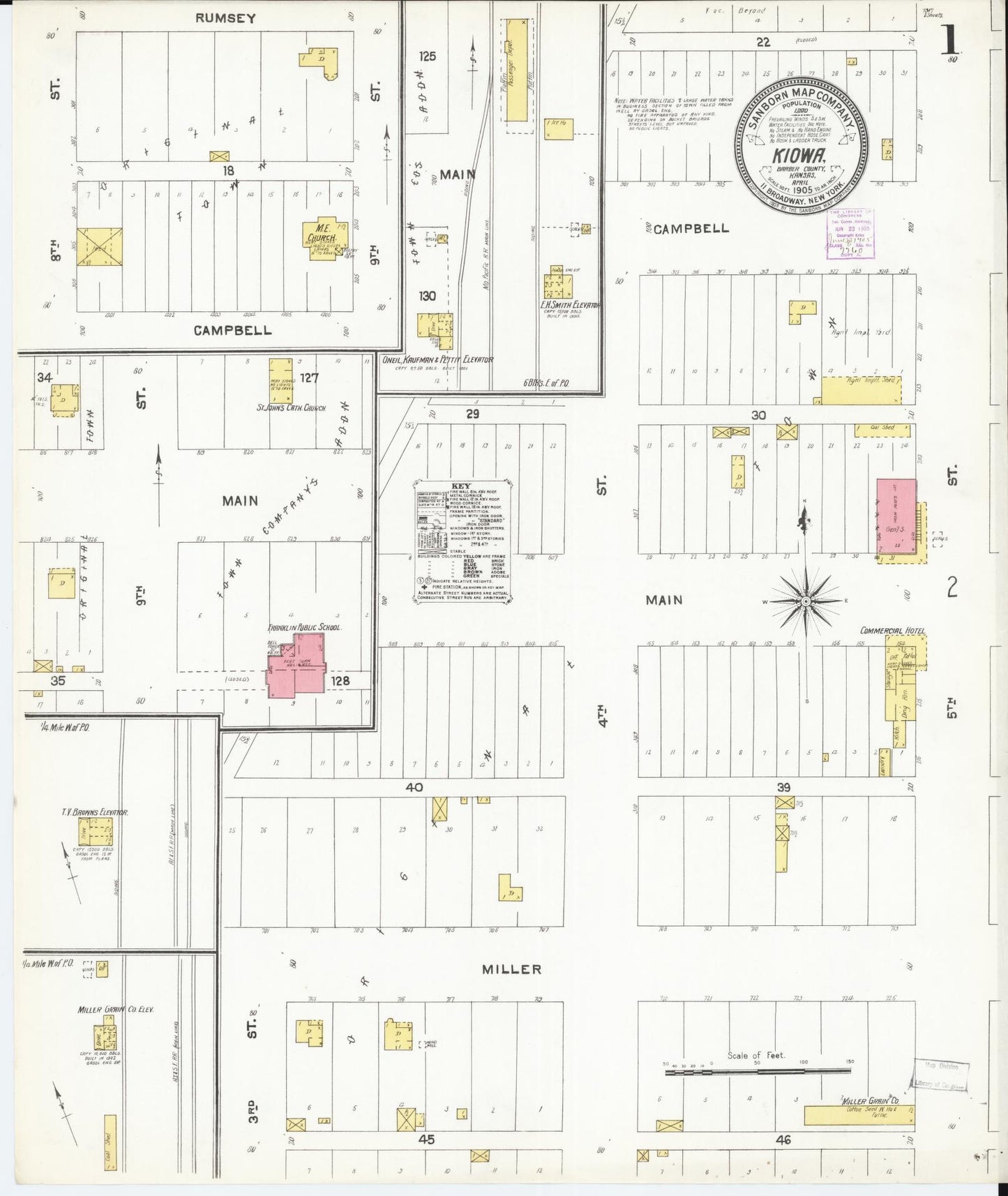 Sanborn Fire Insurance Map from Kiowa, Barber County, Kansas (1905), Sheet #0001 - Complete Map Set gallery image, historic Sanborn map, vintage wall art, Kansas Kansas