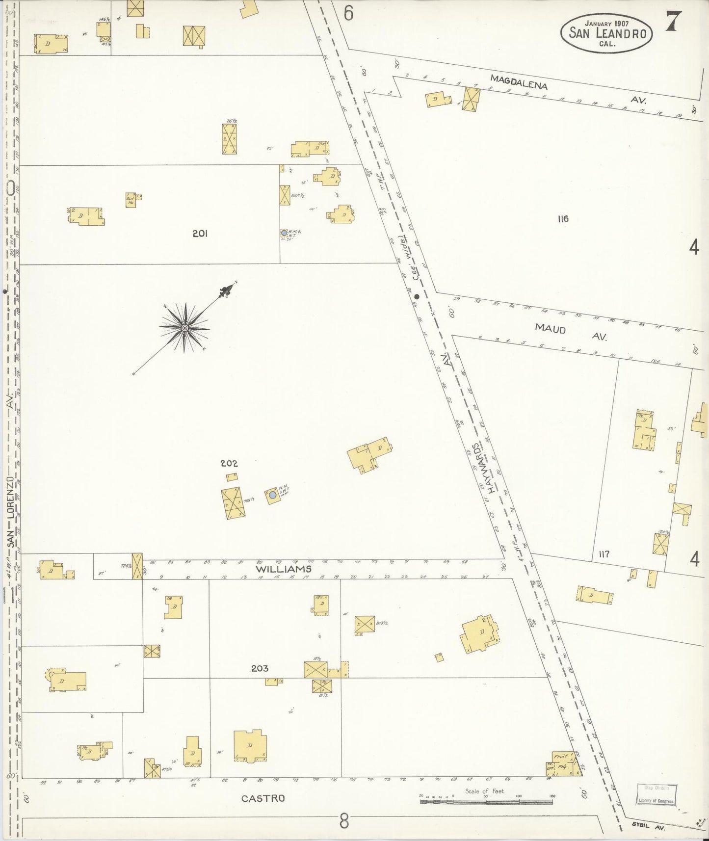 Sanborn Fire Insurance Map from San Leandro, Alameda County, California (1907), Sheet #0007 - Complete Map Set gallery image, historic Sanborn map, vintage wall art, California California