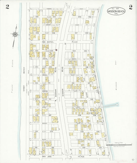 Sanborn Fire Insurance Map from Mission Beach, San Diego County, California (1929), Sheet #0002 - Historic Sanborn Fire Insurance Map Print, vintage old map wall art, antique decor, genealogy gift, California California map