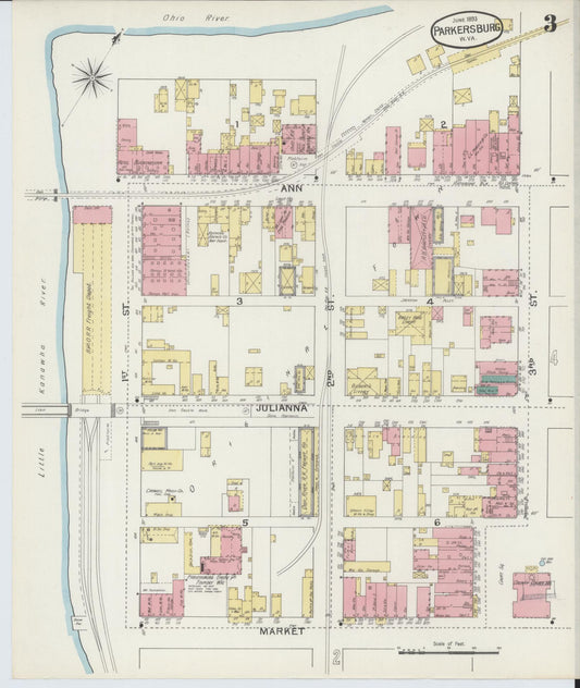 Sanborn Fire Insurance Map from Parkersburg, Wood County, West Virginia (1893), Sheet #0003 - Historic Sanborn Fire Insurance Map Print, vintage old map wall art, antique decor, genealogy gift, West Virginia West Virginia map