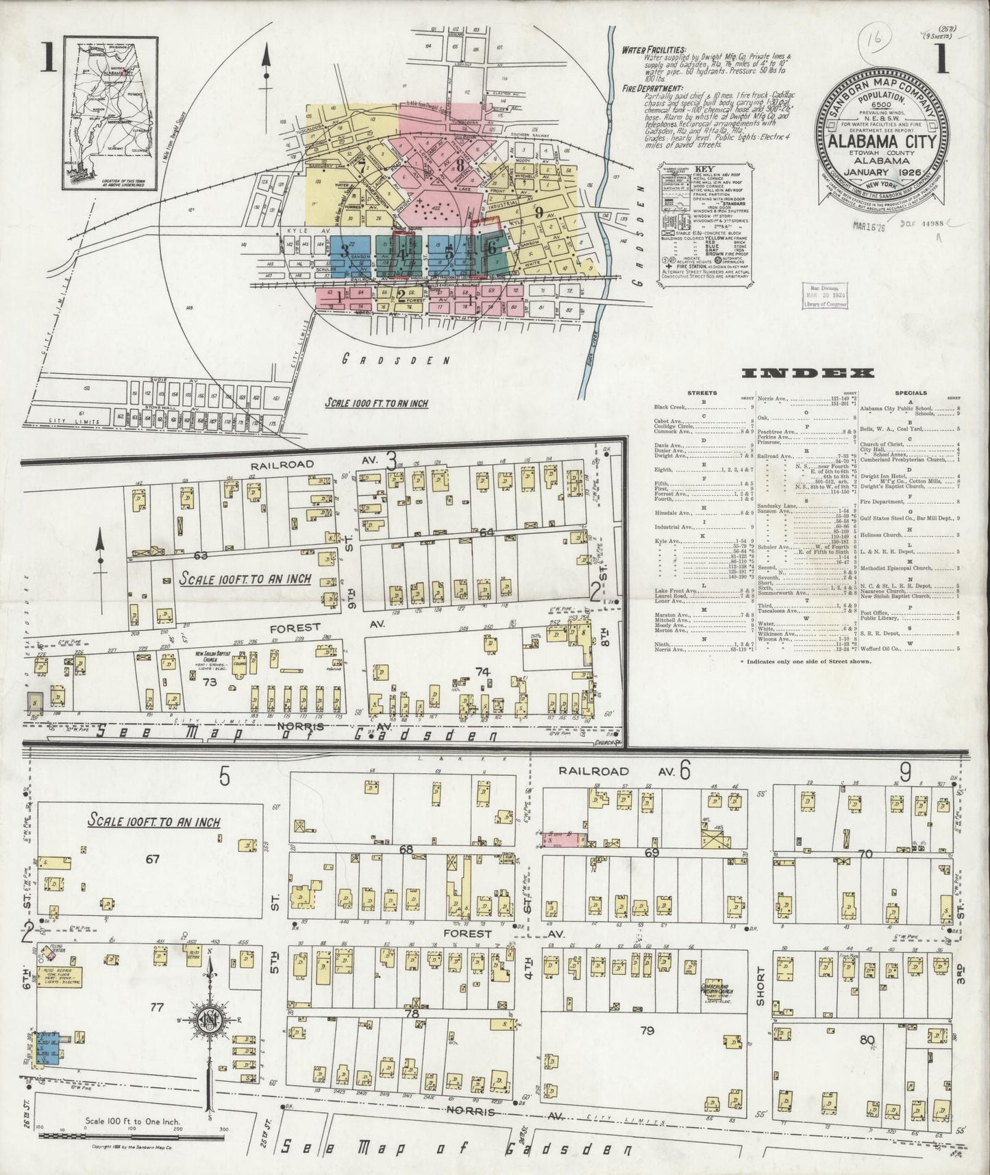 Sanborn Fire Insurance Map from Alabama City, Etowah County, Alabama (1926), Sheet #0001 - Complete Map Set gallery image, historic Sanborn map, vintage wall art, Alabama Alabama