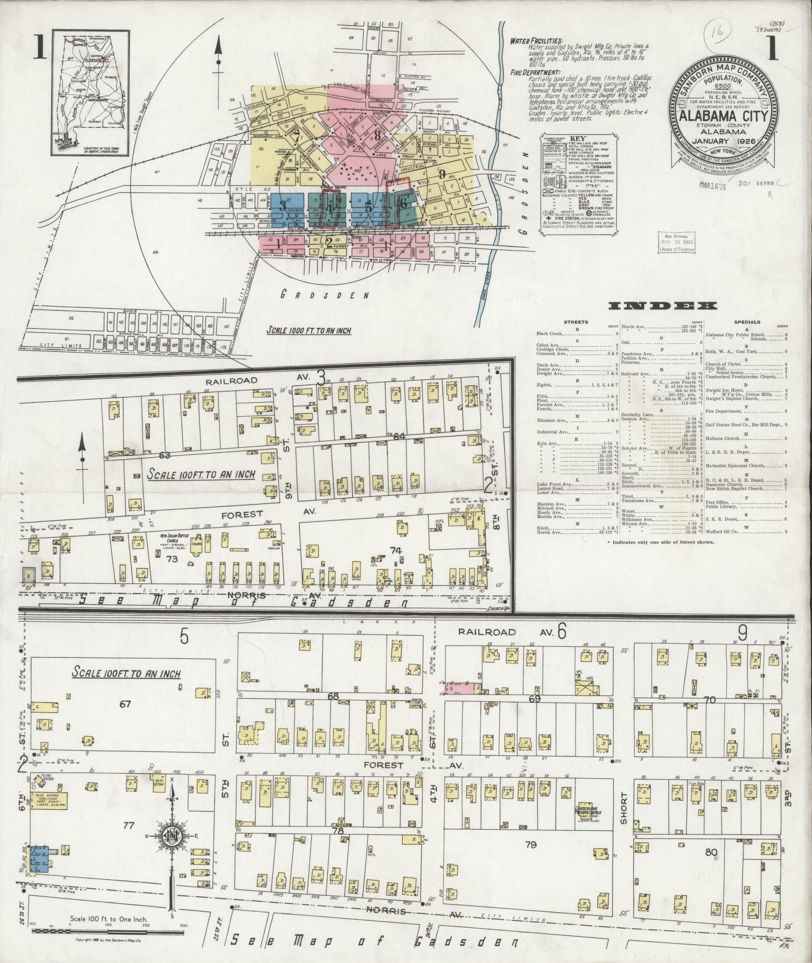 Sanborn Fire Insurance Map from Alabama City, Etowah County, Alabama (1926), Sheet #0001 - Complete Map Set gallery image, historic Sanborn map, vintage wall art, Alabama Alabama