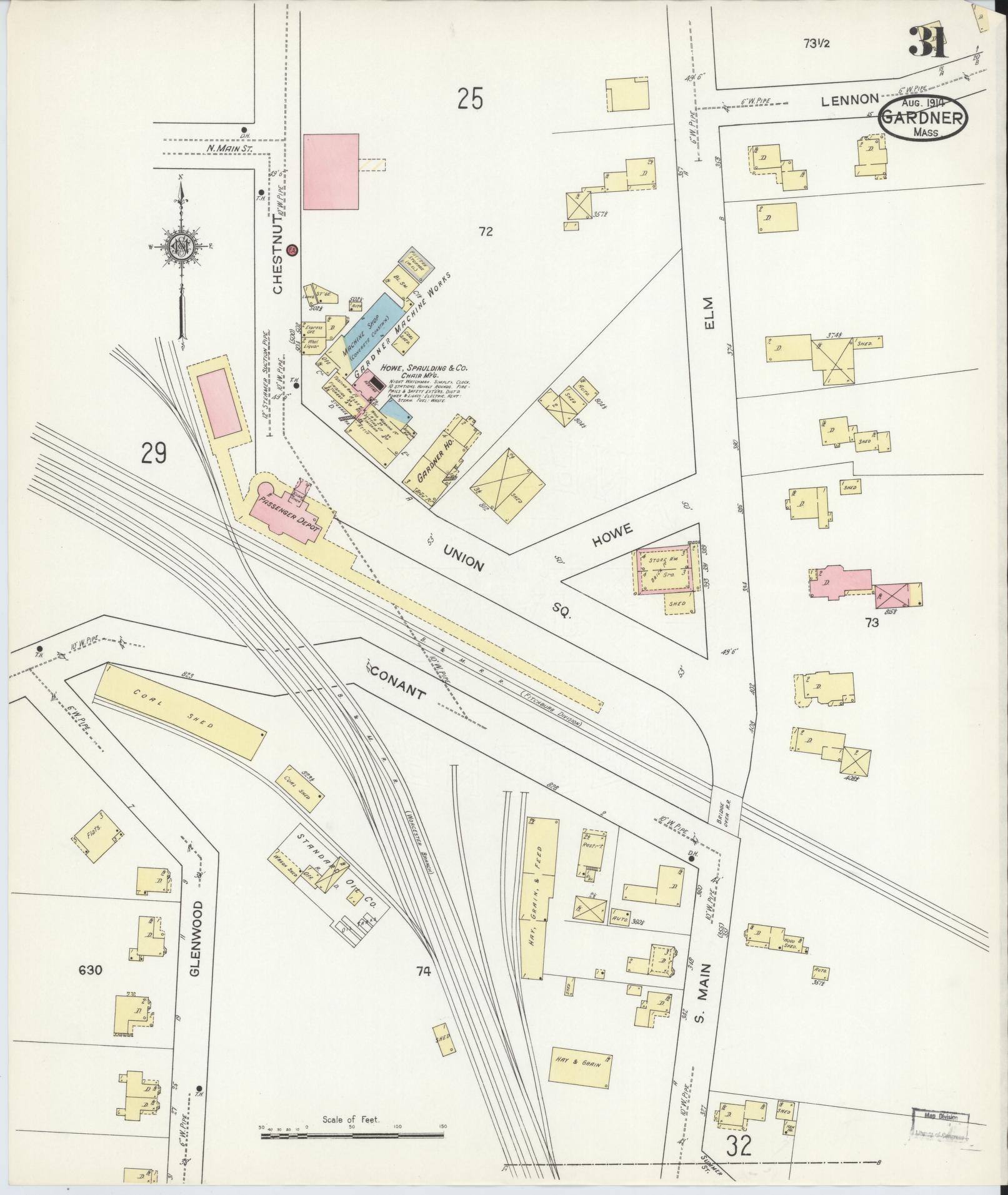 Sanborn Fire Insurance Map from Gardner, Worcester County, Massachusetts (1914), Sheet #0031 - Historic Sanborn Fire Insurance Map Print, vintage old map wall art, antique decor, genealogy gift, Massachusetts Massachusetts map