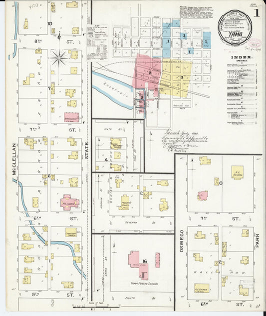 Sanborn Fire Insurance Map from Tama, Tama County, Iowa (1894), Sheet #0001 - Historic Sanborn Fire Insurance Map Print, vintage old map wall art