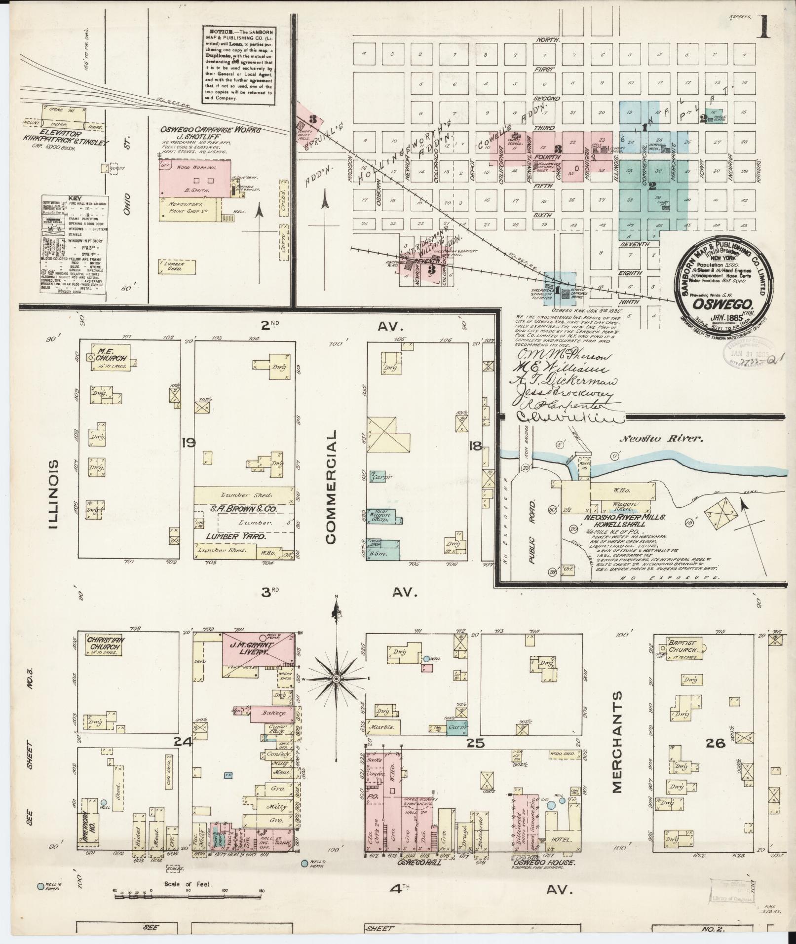 Sanborn Fire Insurance Map from Oswego, Labette County, Kansas (1885), Sheet #0001 - Historic Sanborn Fire Insurance Map Print, vintage old map wall art, antique decor, genealogy gift, Kansas Kansas map