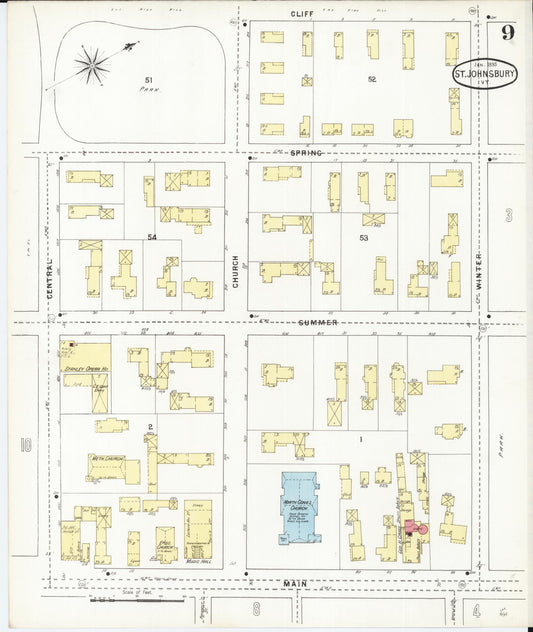 Sanborn Fire Insurance Map from Saint Johnsbury, Caledonia County, Vermont (1895), Sheet #0009 - Historic Sanborn Fire Insurance Map Print, vintage old map wall art, antique decor, genealogy gift, Vermont Vermont map