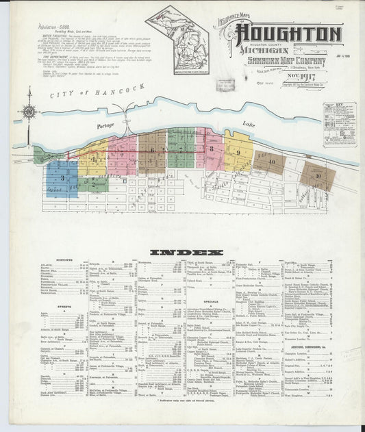 Sanborn Fire Insurance Map from Houghton, Houghton County, Michigan (1917), Sheet #0001 - Historic Sanborn Fire Insurance Map Print, vintage old map wall art, antique decor, genealogy gift, Michigan Michigan map