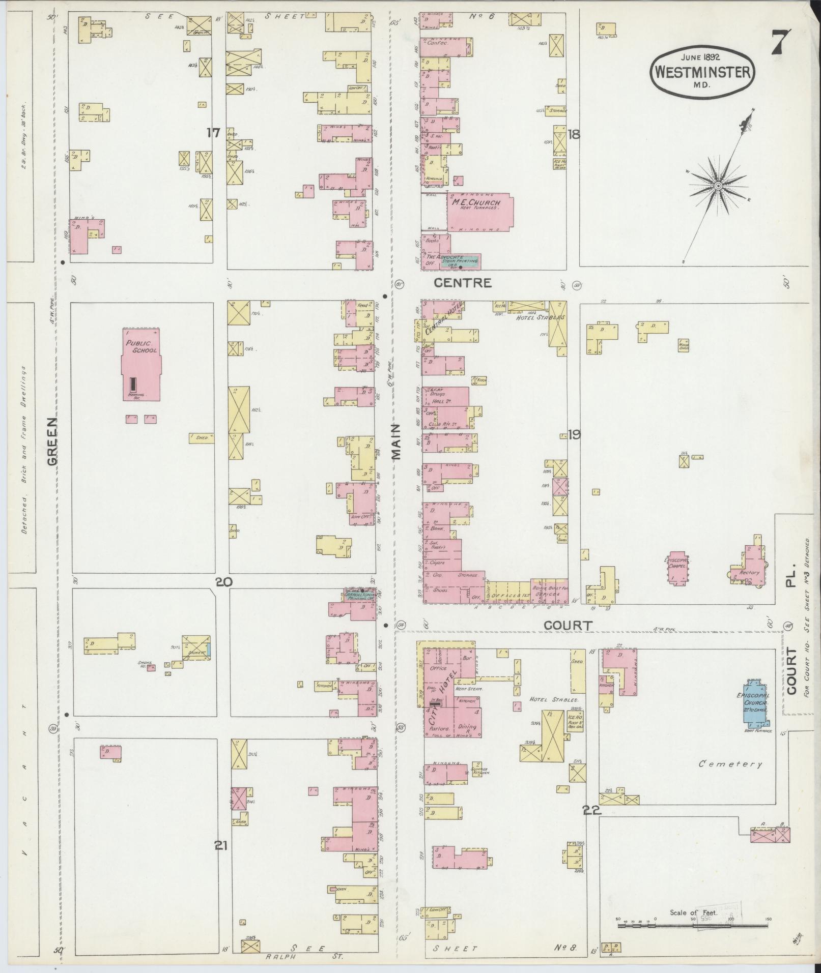 Sanborn Fire Insurance Map from Westminster, Carroll County, Maryland (1892), Sheet #0007 - Historic Sanborn Fire Insurance Map Print, vintage old map wall art, antique decor, genealogy gift, Maryland Maryland map