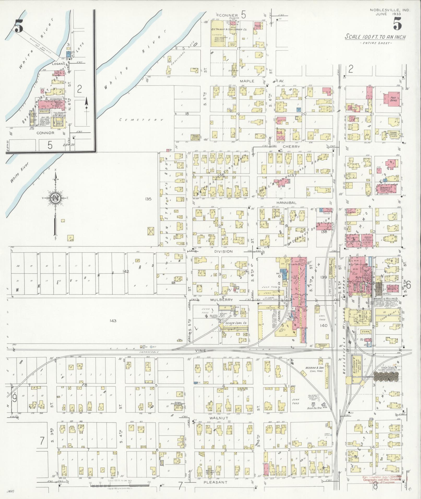 Sanborn Fire Insurance Map from Noblesville, Hamilton County, Indiana (1933), Sheet #0005 - Complete Map Set gallery image, historic Sanborn map, vintage wall art, Indiana Indiana