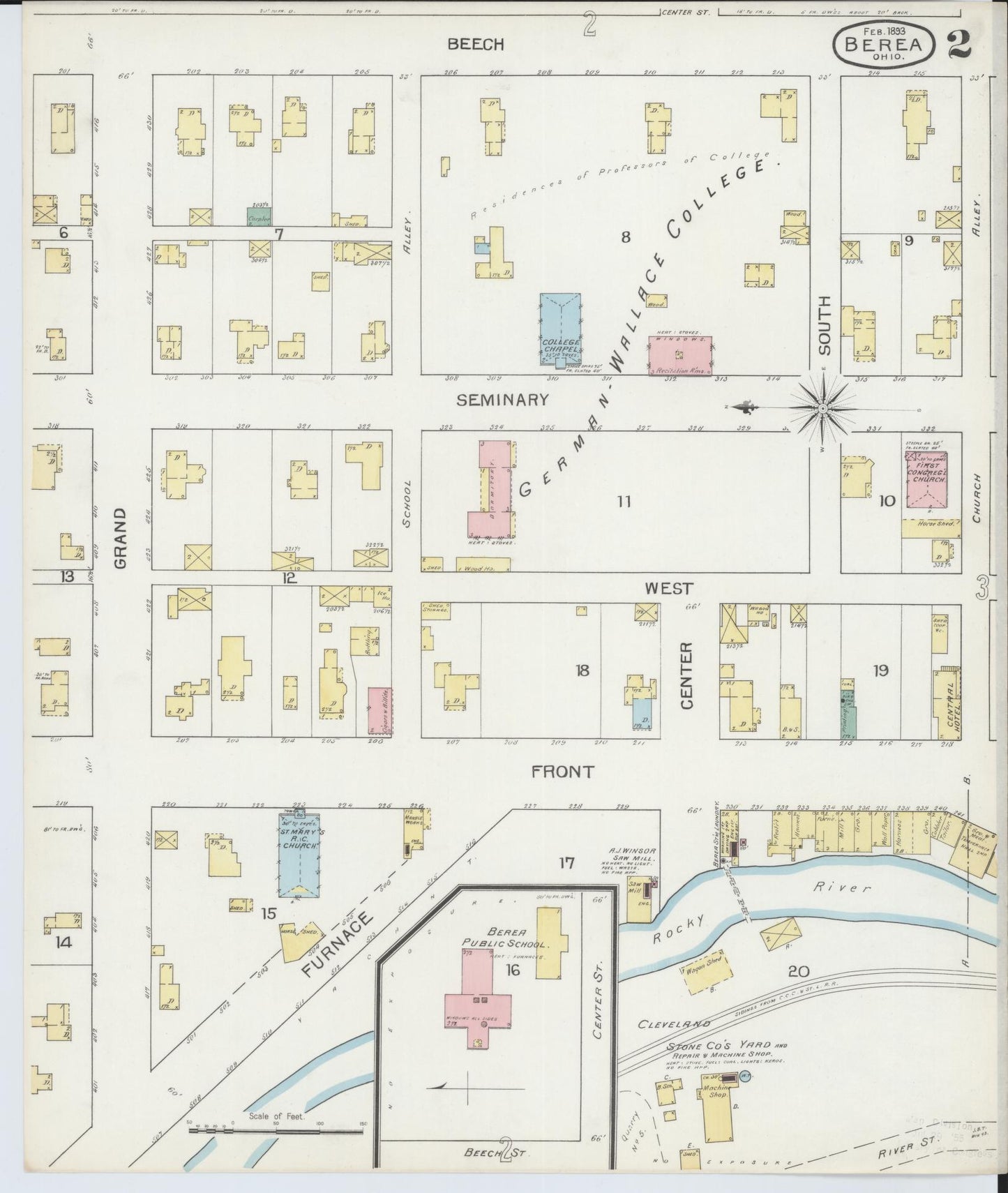 Sanborn Fire Insurance Map from Berea, Cuyahoga County, Ohio (1893), Sheet #0002 - Historic Sanborn Fire Insurance Map Print, vintage old map wall art, antique decor, genealogy gift, Ohio Ohio map