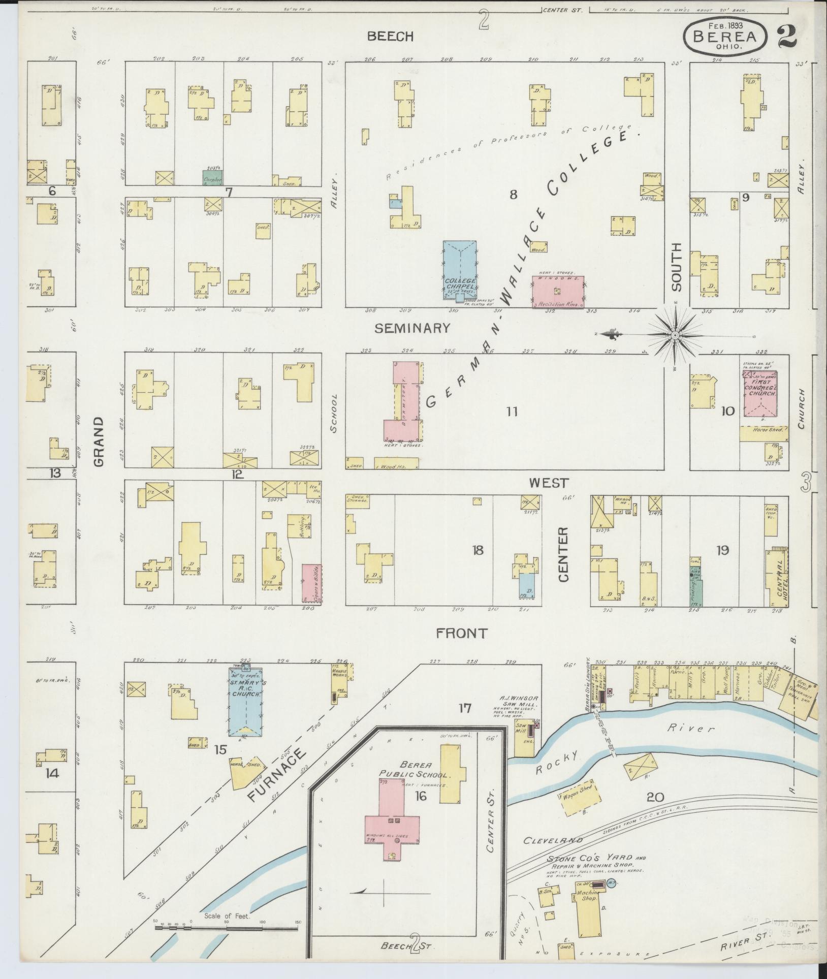 Sanborn Fire Insurance Map from Berea, Cuyahoga County, Ohio (1893), Sheet #0002 - Historic Sanborn Fire Insurance Map Print, vintage old map wall art, antique decor, genealogy gift, Ohio Ohio map