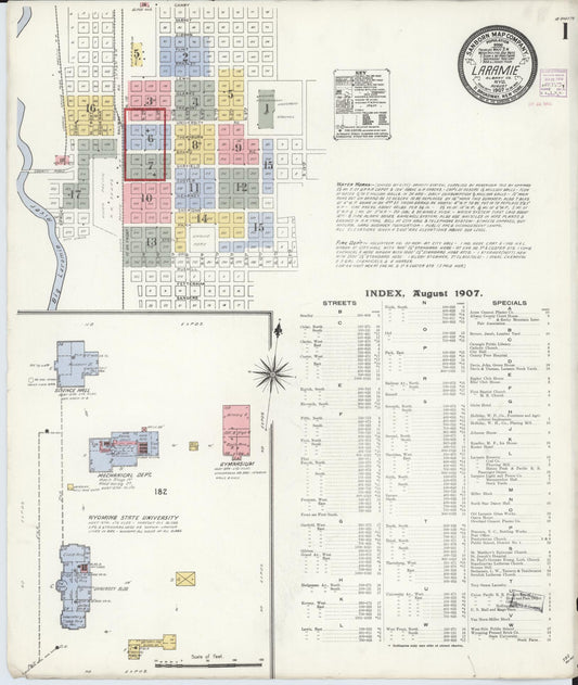 Sanborn Fire Insurance Map from Laramie, Albany County, Wyoming (1907), Sheet #0001 - Historic Sanborn Fire Insurance Map Print, vintage old map wall art, antique decor, genealogy gift, Wyoming Wyoming map