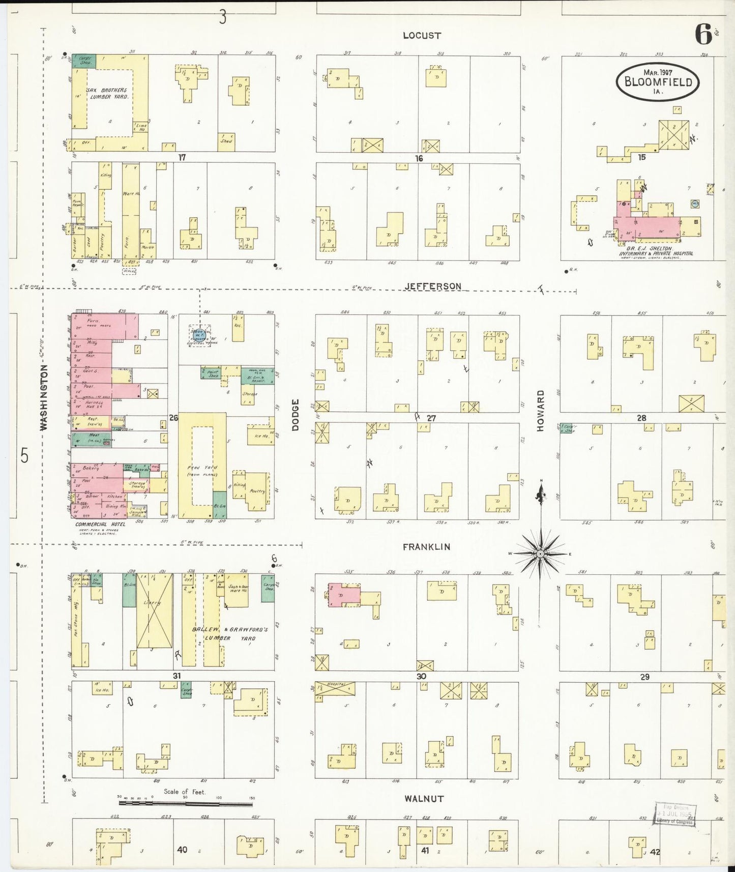 Sanborn Fire Insurance Map from Bloomfield, Davis County, Iowa (1907), Sheet #0006 - Historic Sanborn Fire Insurance Map Print, vintage old map wall art