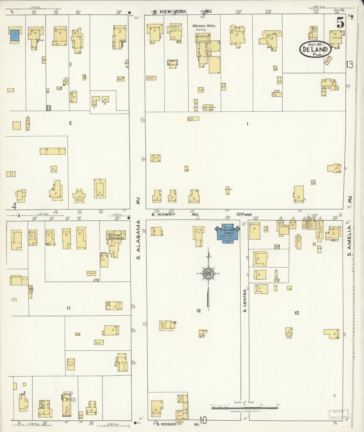 Sanborn Fire Insurance Map from De Land, Volusia County, Florida (1921), Sheet #0005 - Complete Map Set gallery image, historic Sanborn map, vintage wall art, Florida Florida