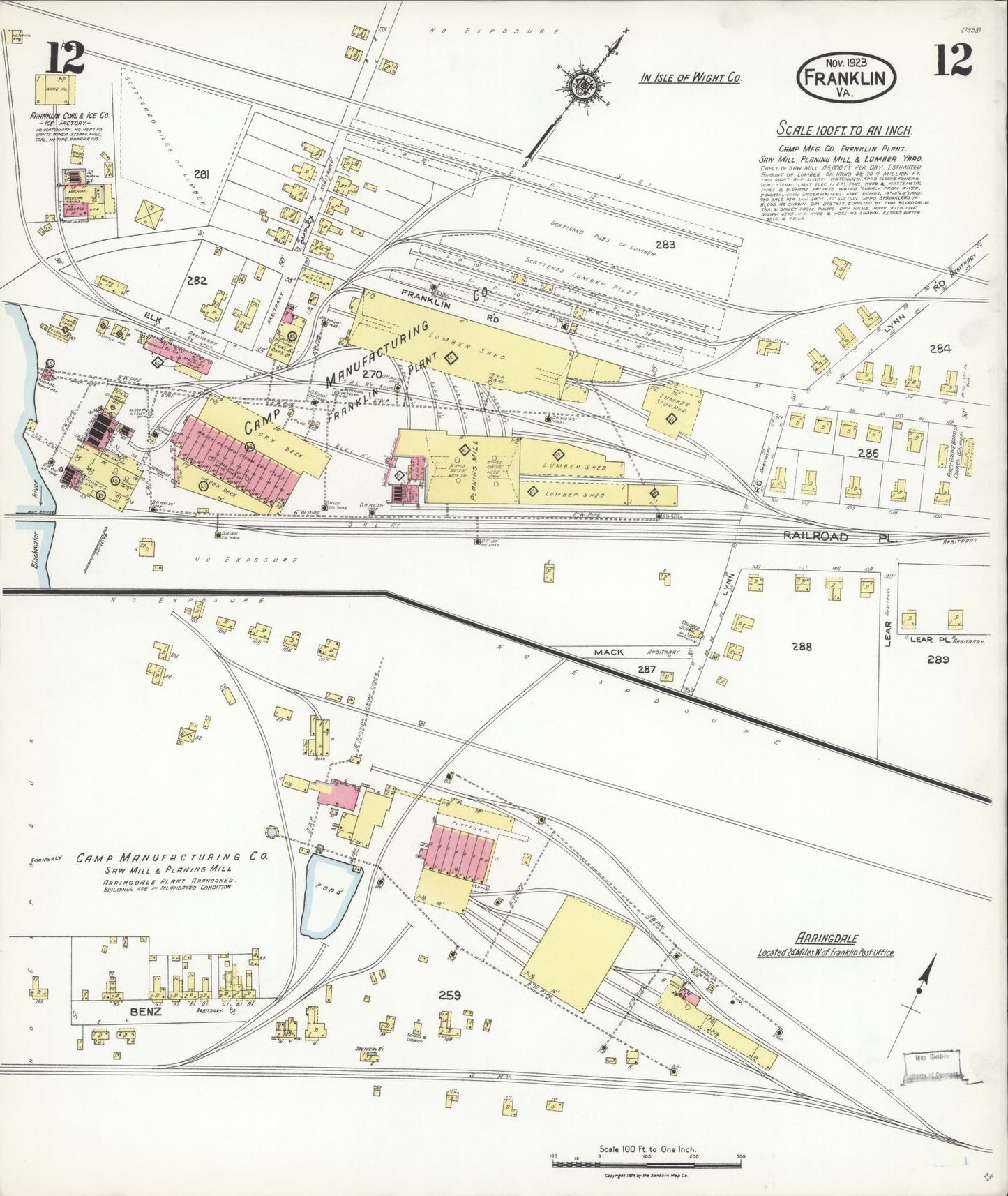Sanborn Fire Insurance Map from Franklin, Independent Cities, Virginia (1923), Sheet #0012 - Complete Map Set gallery image, historic Sanborn map, vintage wall art, Virginia Virginia
