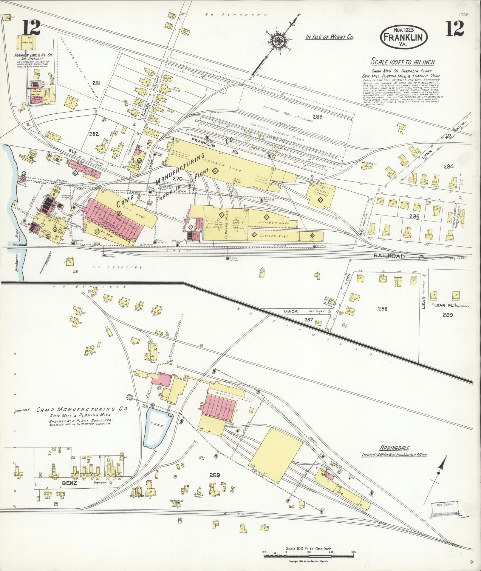 Sanborn Fire Insurance Map from Franklin, Independent Cities, Virginia (1923), Sheet #0012 - Complete Map Set gallery image, historic Sanborn map, vintage wall art, Virginia Virginia