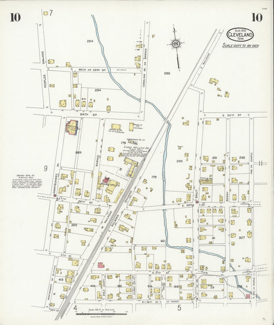 Sanborn Fire Insurance Map from Cleveland, Bradley County, Tennessee (1925), Sheet #0010 - Historic Sanborn Fire Insurance Map Print, vintage old map wall art, antique decor, genealogy gift, Tennessee Tennessee map