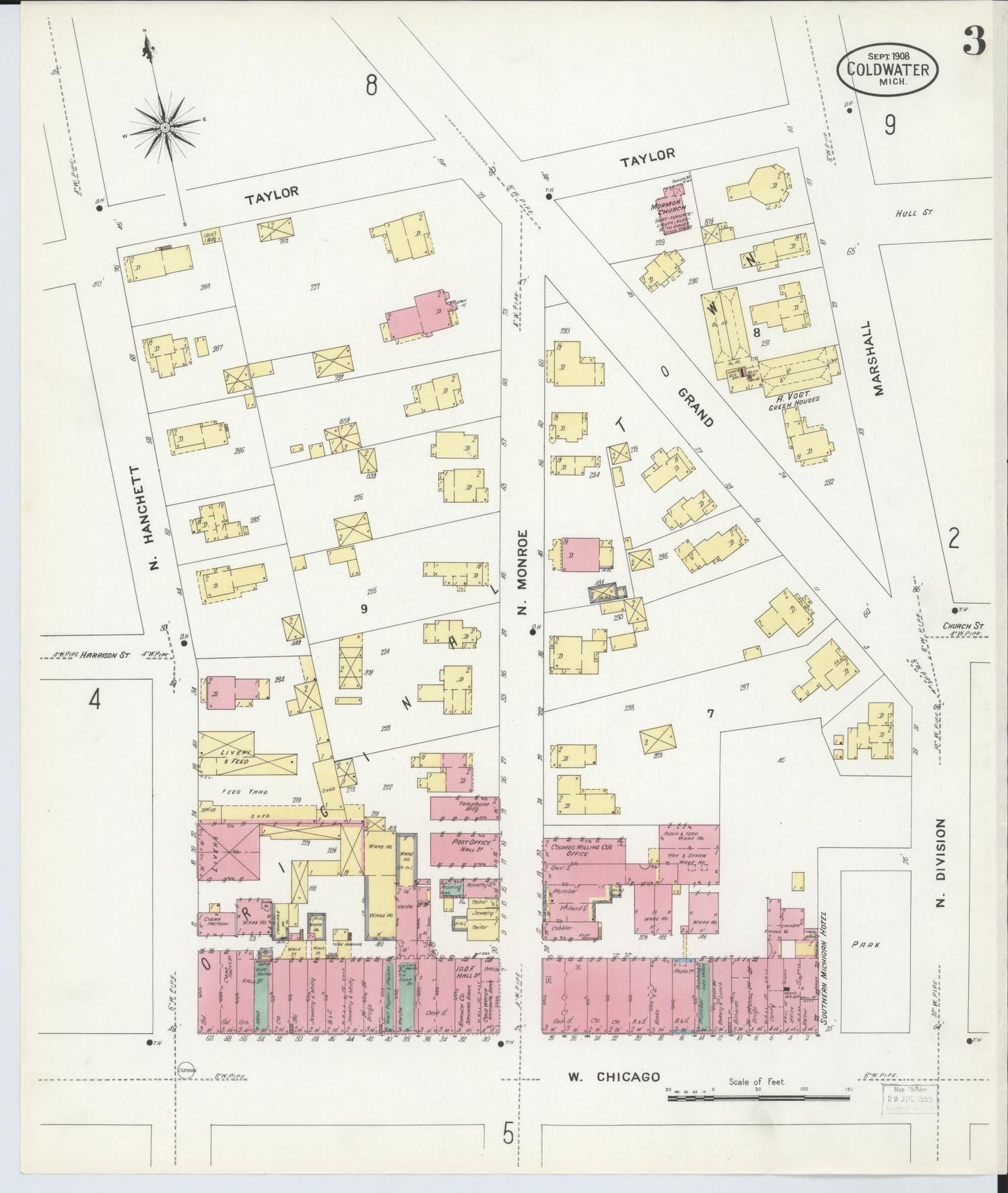 Sanborn Fire Insurance Map from Coldwater, Branch County, Michigan (1908), Sheet #0003 - Historic Sanborn Fire Insurance Map Print, vintage old map wall art, antique decor, genealogy gift, Michigan Michigan map