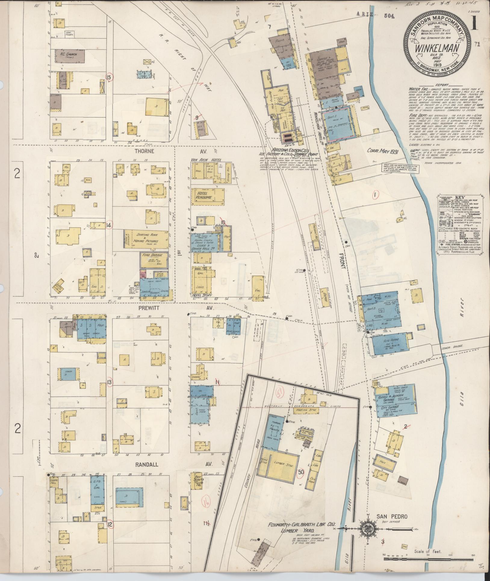 Sanborn Fire Insurance Map from Winkelman, Gila County, Arizona (1931), Sheet #0001 - Complete Map Set gallery image, historic Sanborn map, vintage wall art, Arizona Arizona