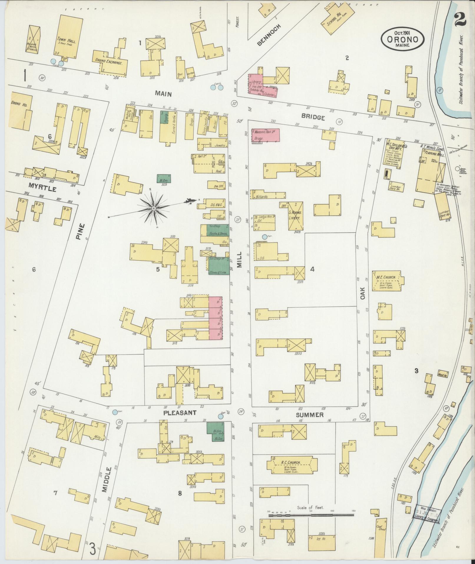 Sanborn Fire Insurance Map from Orono, Penobscot County, Maine (1901), Sheet #0002 - Historic Sanborn Fire Insurance Map Print, vintage old map wall art, antique decor, genealogy gift, Maine Maine map