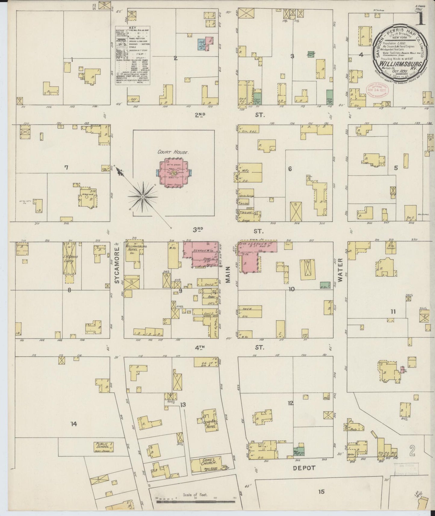 Sanborn Fire Insurance Map from Williamsburg, Whitley County, Kentucky (1895), Sheet #0001 - Complete Map Set gallery image, historic Sanborn map, vintage wall art, Kentucky Kentucky