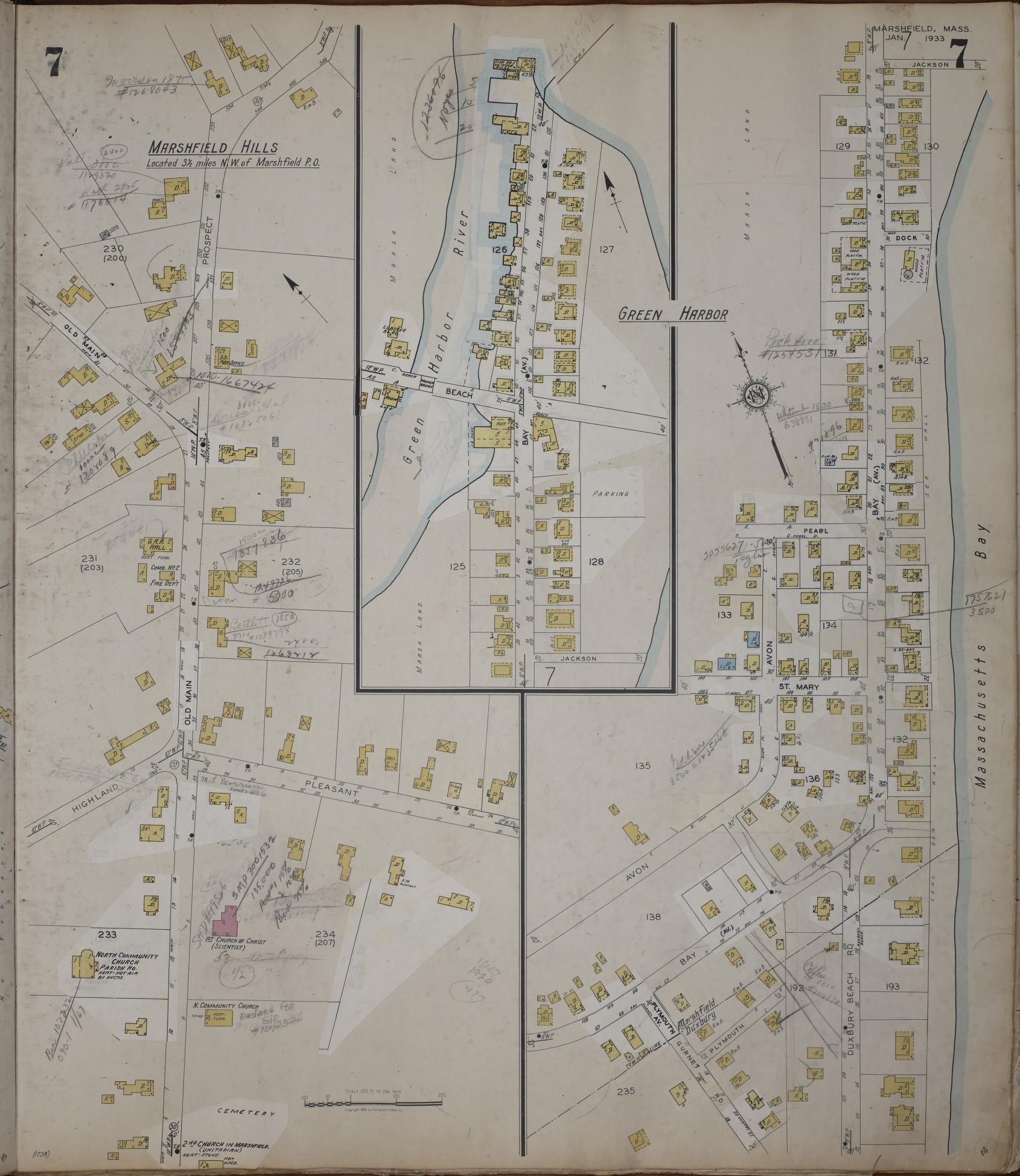 Sanborn Fire Insurance Map from Marshfield, Plymouth County, Massachusetts (1950), Sheet #0007 - Historic Sanborn Fire Insurance Map Print, vintage old map wall art, antique decor, genealogy gift, Massachusetts Massachusetts map