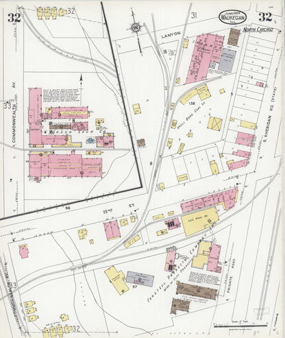 Sanborn Fire Insurance Map from Waukegan, Lake County, Illinois (1924), Sheet #0032 - Complete Map Set gallery image, historic Sanborn map, vintage wall art, Illinois Illinois