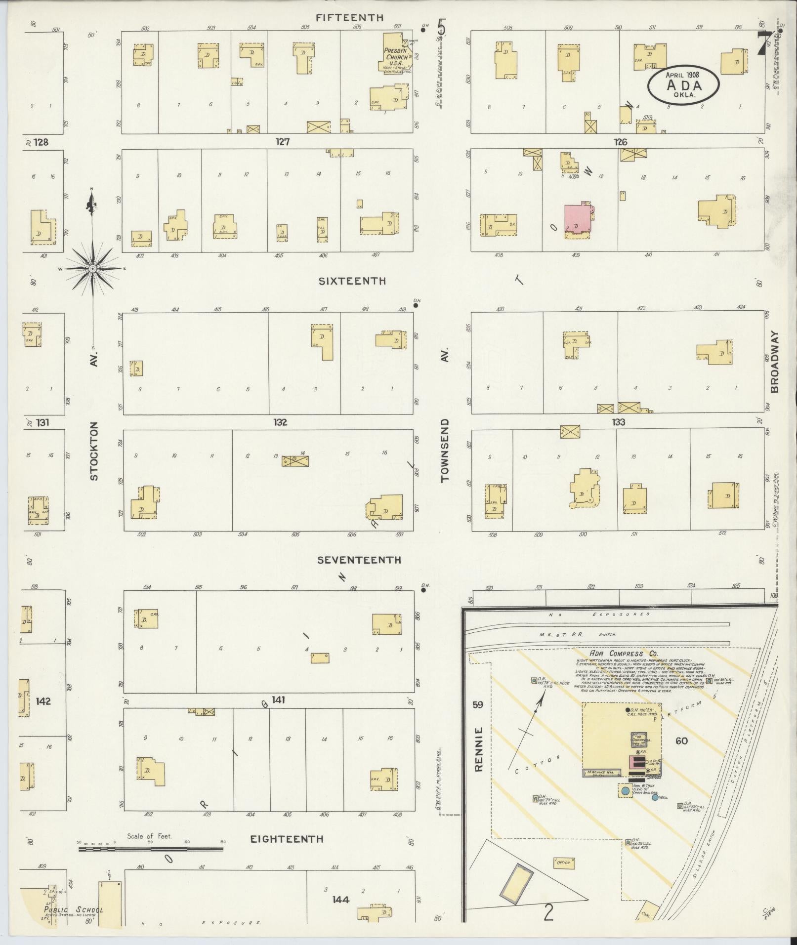 Sanborn Fire Insurance Map from Ada, Pontotoc County, Oklahoma (1908), Sheet #0007 - Complete Map Set gallery image, historic Sanborn map, vintage wall art, Oklahoma Oklahoma