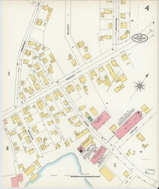 Sanborn Fire Insurance Map from Amesbury, Essex County, Massachusetts (1904), Sheet #0004 - Historic Sanborn Fire Insurance Map Print, vintage old map wall art, antique decor, genealogy gift, Massachusetts Massachusetts map