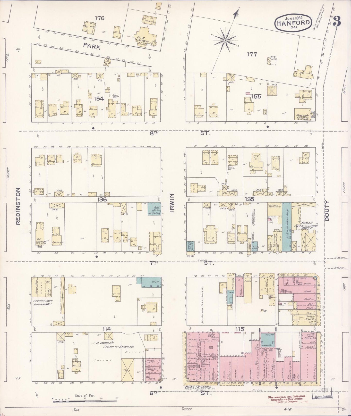 Sanborn Fire Insurance Map from Hanford, Kings County, California (1892), Sheet #0003 - Historic Sanborn Fire Insurance Map Print, vintage old map wall art, antique decor, genealogy gift, California California map