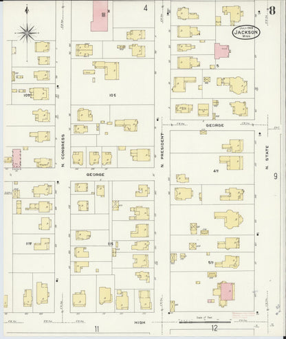 Sanborn Fire Insurance Map from Jackson, Hinds County, Mississippi (1909), Sheet #0008 - Complete Map Set gallery image, historic Sanborn map, vintage wall art, Mississippi Mississippi
