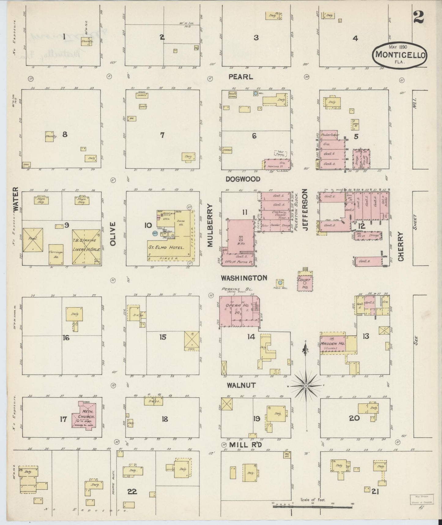 Sanborn Fire Insurance Map from Monticello, Jefferson County, Florida (1890), Sheet #0002 - Historic Sanborn Fire Insurance Map Print, vintage old map wall art, antique decor, genealogy gift, Florida Florida map