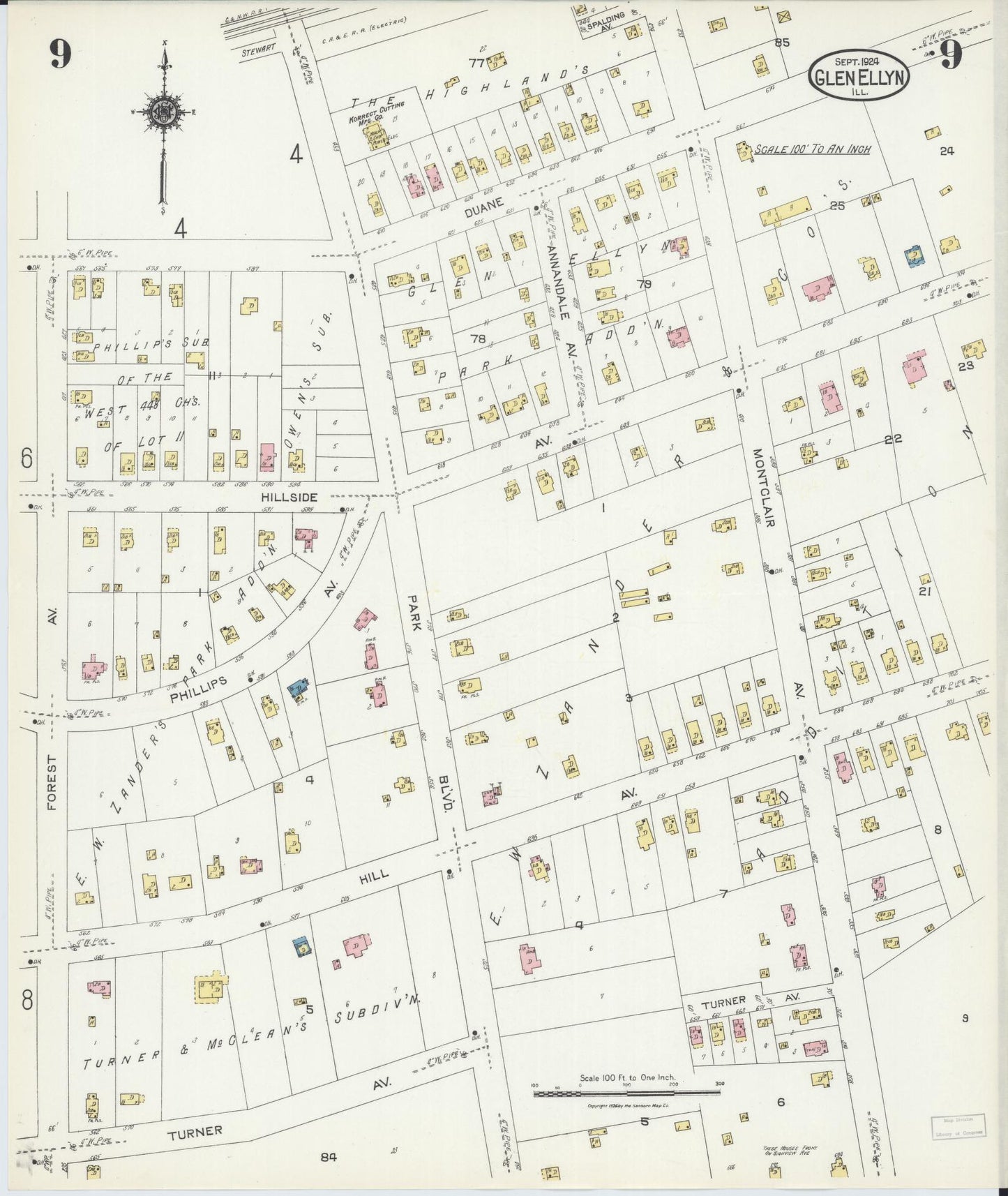 Sanborn Fire Insurance Map from Glen Ellyn, Du Page County, Illinois (1924), Sheet #0009 - Historic Sanborn Fire Insurance Map Print, vintage old map wall art, antique decor, genealogy gift, Illinois Illinois map