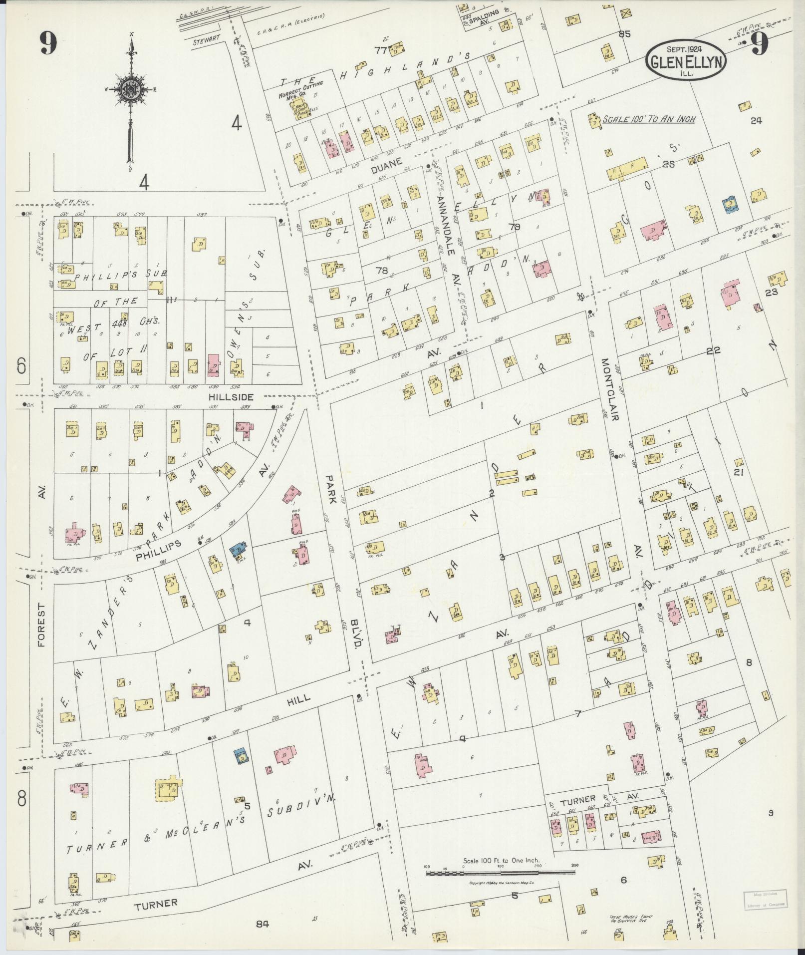 Sanborn Fire Insurance Map from Glen Ellyn, Du Page County, Illinois (1924), Sheet #0009 - Historic Sanborn Fire Insurance Map Print, vintage old map wall art, antique decor, genealogy gift, Illinois Illinois map